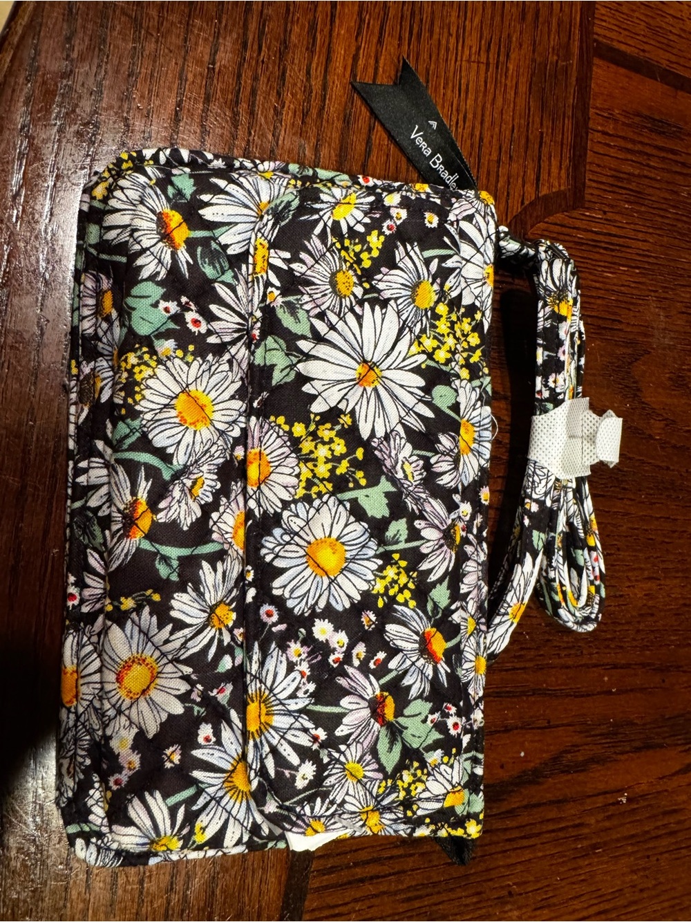 Vera Bradley Black Floral Daisy Crossbody Wristlet with Yellow Accents